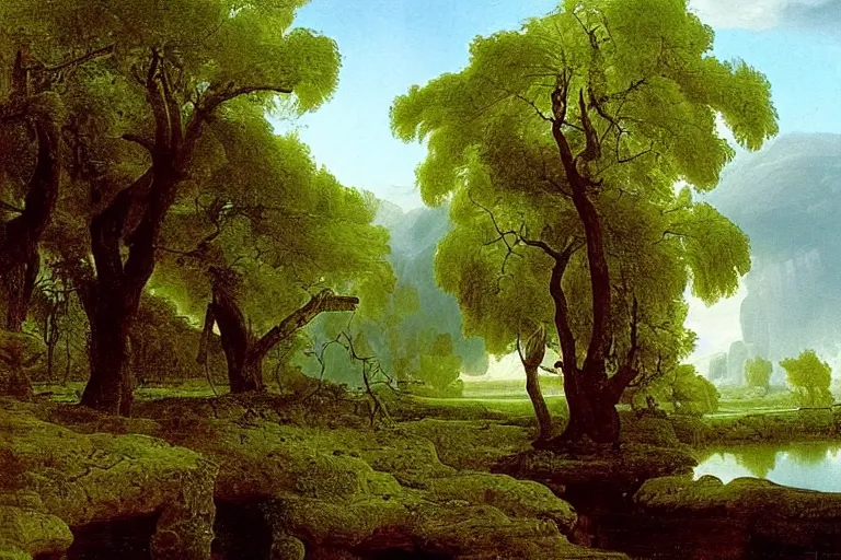 Image similar to painting of a old tree next to a meandering river by alexei savrasov and thomas cole