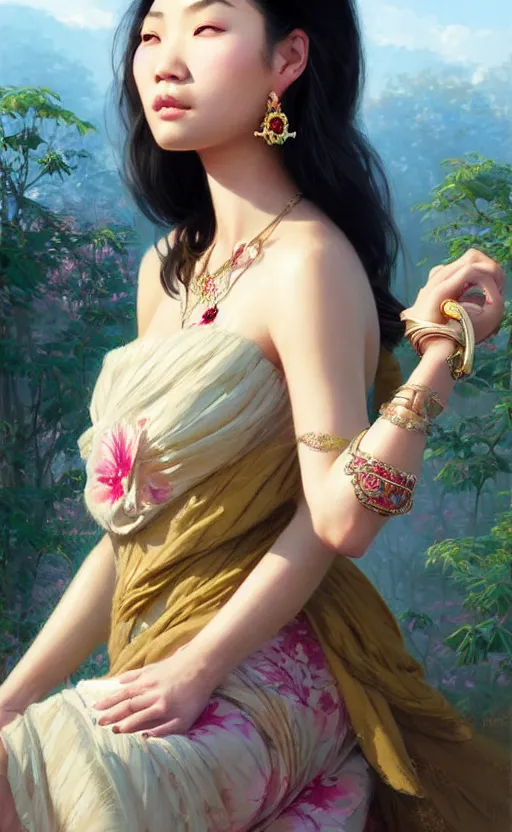 Image similar to a beautiful young charming asian goddess with sundress and jewelry | | winter, realistic shaded, unpleasant face, good looking, fine details, dior, lv, realistic shaded lighting poster by greg rutkowski, macoto takahashi, magali villeneuve, artgerm, jeremy lipkin and michael garmash