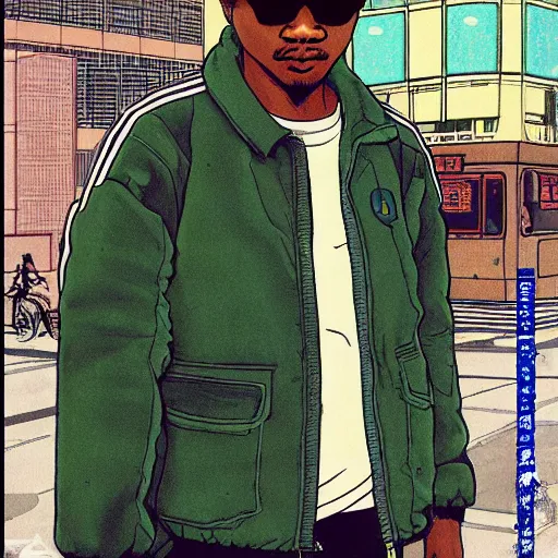 Image similar to illustration by katsuhiro otomo, black man with afro hair, stubble, wearing an adidas army green jacket, in the streets of tokyo, akira style, by katsuhiro otomo