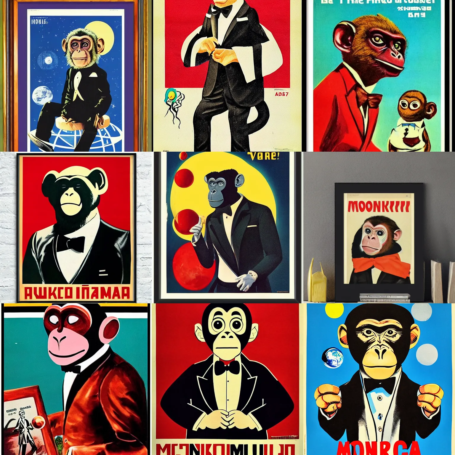 Prompt: Monkey in tuxedo portrait, planet mars, 60s poster, 1972 Soviet