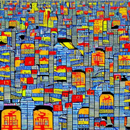 Image similar to a chinese prison, in the style of daniel johnston and outsider art, 8 k, line brush, minimal, brightly coloured, flat blocks of color, overlaid with chinese adverts