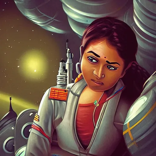 Image similar to a female space cadet from india, resting after a hard mission, happily tired, sci fi character portrait by Vincent deFate