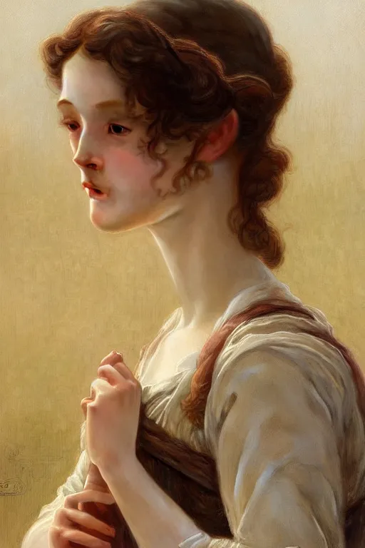 Image similar to Portrait of beautiful pale peasant girl, cinematic lighting, intricate, elegant, highly detailed, digital painting, artstation, smooth, sharp focus, illustration, art by artgerm and greg rutkowski and alphonse mucha and Wayne Barlowe and william-adolphe bouguereau