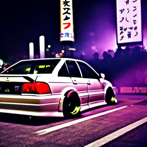 Image similar to a car JZX100 turbo drift at illegal car meet, Shibuya prefecture, midnight mist lights, cinematic color, photorealistic, highly detailed wheels, 200MM