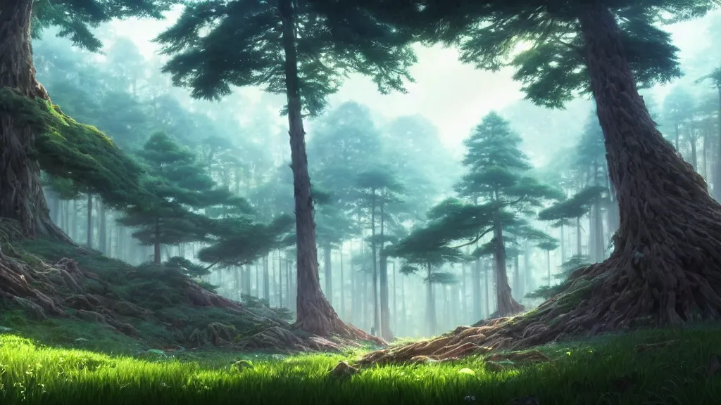 Image similar to forest clearing landscape, studio ghibli, pixar and disney animation, sharp, rendered in unreal engine 5, highly detailed, digital painting, artstation, concept art, smooth, sharp focus, illustration, wide angle, artbook, wallpaper, splash art, promo art, dramatic lighting, art by artgerm and greg rutkowski and bo chen and jin xiaodi