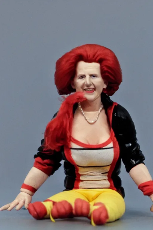 Image similar to margaret thatcher as a 1 9 8 0 s wrestling action figure