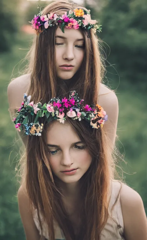 Prompt: portrait of a beautiful young girl with flowers in her hair, beautiful composition, modern color palette, 50mm f1.8, ambient light,