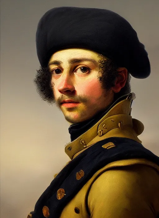 Prompt: portrait of the french revolutionary soldier, detailed realism face in painting, detailed beautiful portrait, oil painting masterpiece, 8 k resolution, smooth, sharp focus, trending on artstation, by rembrandt