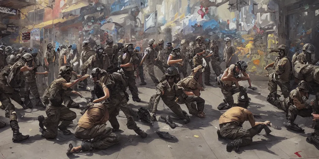 Prompt: street art mural of a military police arresting protestors by Peter Mohrbacher, James Jean, Craig Mullins, Ross Tran, Hiroshi Yoshida, Mark Simonetti