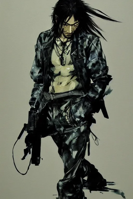 Prompt: yoji shinkawa painting of a stylish young arabian human half wolf