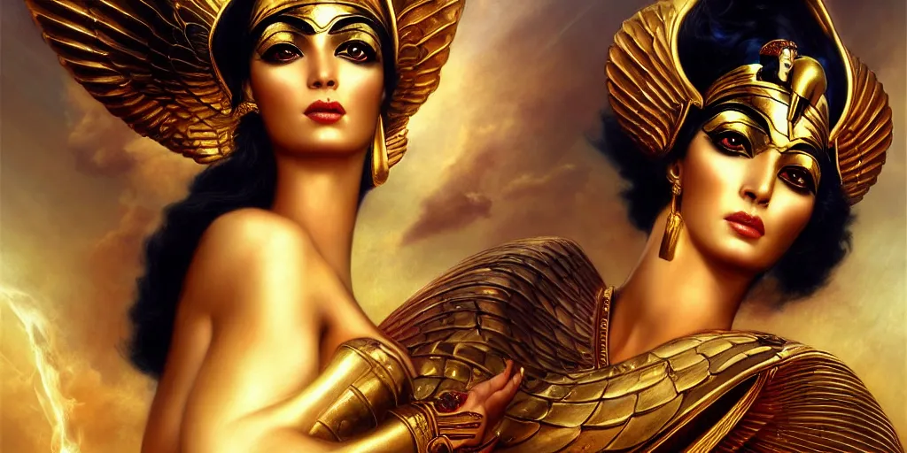 Image similar to Egyptian goddess Isis, by Rolf Armstrong and Evelyn De Morgan and Bastien Lecouffe-Deharme, dramatic lighting, high contrast colors, baroque, empyrean, panoramic view, as trending on Artstation, highly detailed, doom engine,