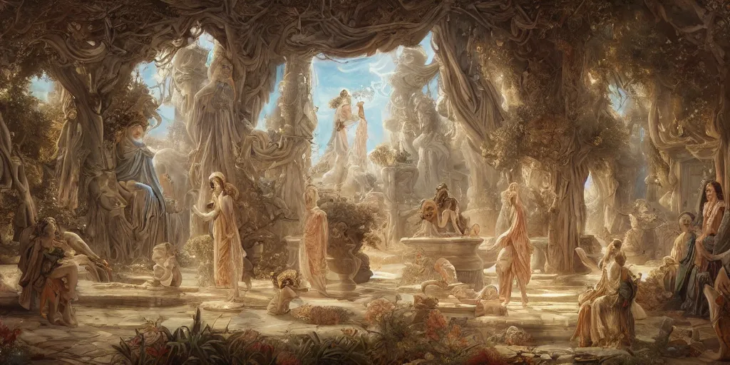 Image similar to a stunning and noble highly detailed romantic period style painting of the place where gods come into being by james jean, josep tapiro baro and harles sillem lidderdale, trending on artstation, oil painting masterpiece, symmetry, rule of thirds, mysterious