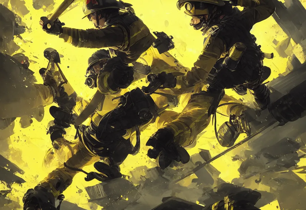 Prompt: heroic firefighter in action in black and yellow uniform, sharp details, sharp focus, dynamic, highly detailed, illustration, by jordan grimmer and greg rutkowski and pine ( ハイネ ) and 薯 子 imoko and 香 川 悠 作 and wlop and maya takamura, intricate