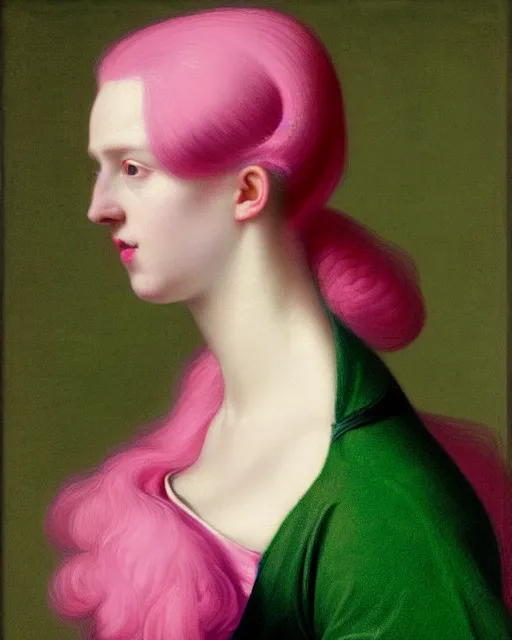 Image similar to photo-realistic portrait of a young pale woman with pink hair, wearing a neon green dress by Vivienne Westwood, intricate details, super-flat, in the style of James Jean, Jean Auguste Dominique Ingres, black background