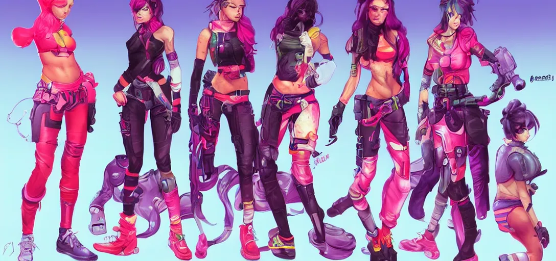 Prompt: character sheet concept art of female video game characters, streetwear, futurepunk, bright, fun, by marc brunet and artgerm