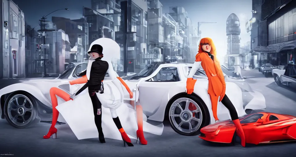Image similar to a portrait of a female clockwork orange droog gang member, designed by artgerm and a red pininfarina sportscar in the background hdr, 8 k, hyperrealistic, volumetric lighting