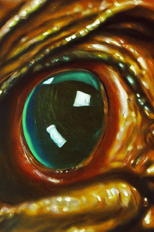 Image similar to oil painting, close-up, hight detailed, film photography of film photography of film photography of melting creature looking at film photography, in style of 80s sci-fi art