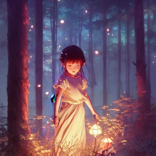 Prompt: forest, small girl and the fireflies, anime, fantasy, smooth. digital painting, by hayao miyazaki and rossdraws and artgerm and detmold and greg rutkowski and alphonse mucha. artstation. beautiful, high quality, stunning, intricate detailed environment. 8 k