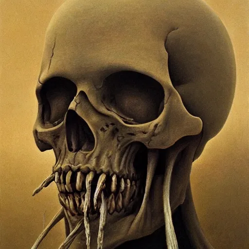 Image similar to A portrait of Skeleton by Zdzisław Beksiński and Ilya Repin,In style of Post-Apocalyptic.digital art, illustration,hyper detailed,smooth, sharp focus,trending on artstation,oil on the canvas,4k