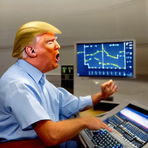 Prompt: Donald Trump as Homar Simpson sat at the controls of a Nuclear power plant control centre, screaming, angry, with his hands on the controls, 4k, high quality photograph