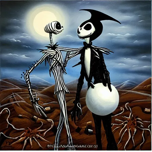 Prompt: “ a nightmare before christmas, jack skellington dances with sally, dystopian desert christmas, award winning, in the style of paul bonner, oil on canvas. ”