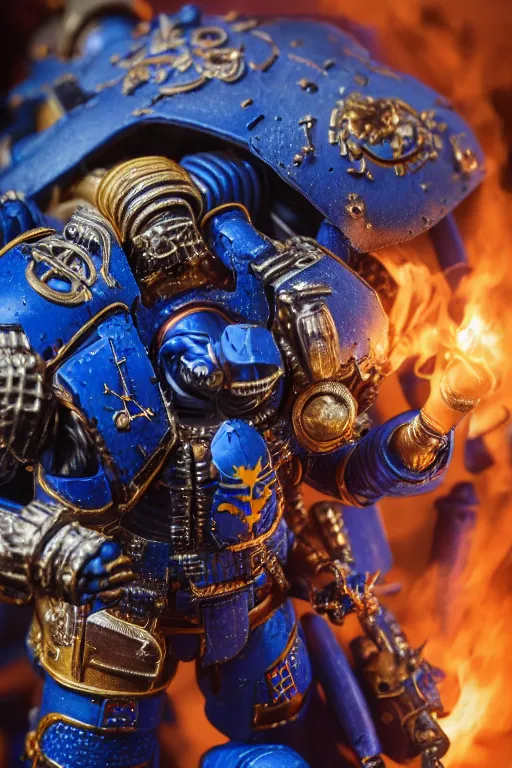 Image similar to a portrait of an ultramarine, space marine, warhammer 4 0 k setting, dynamic pose, close - up, intricate details, intricately detailed clothing, intricate textures, warm lighting, vivid colors, smoke and mist, realistic octane render, hyper realistic render, volumetric shading, depth of field, raytracing, 8 k,