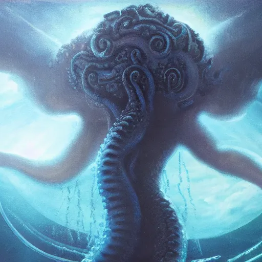 Image similar to tentacle-enabled underwater human descendant, futuristic painting, dagon, hd 8k