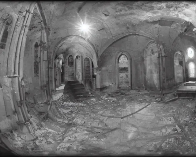 Prompt: game screenshot of a group of CTs in an abandoned church, high exposure, dark, monochrome, camera, grainy, CCTV, security camera footage, timestamp, zoomed in, fish-eye lense, source engine footage, CS:GO screenshot, steam community