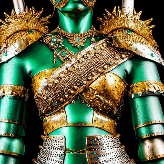 Image similar to photo of a beautiful warrior queen wearing emerald encrusted armour, highly detailed, 8 k, hdr, smooth, sharp focus, high resolution, award - winning photo