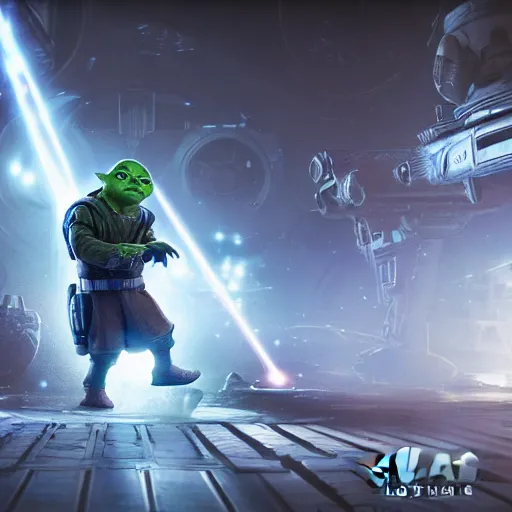 Image similar to yoda as buzz lightyear buzz lightyear in gears of war, splash art, movie still, cinematic lighting, dramatic, octane render, long lens, shallow depth of field, bokeh, anamorphic lens flare, 8 k, hyper detailed, 3 5 mm film grain