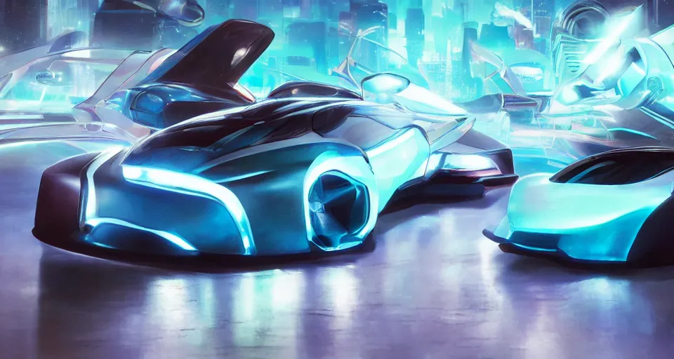 Image similar to dream tron tesla light cycle race, hot wheels, wipe out, hyper realistic, concept art, smooth, high contrast, volumetric lighting, octane, raytrace, syd mead, artgerm, jim lee,