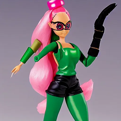 Prompt: league of legends akali as a Barbie doll. Kunai-weilding, green facemask, green outfit. PVC figure 12in.