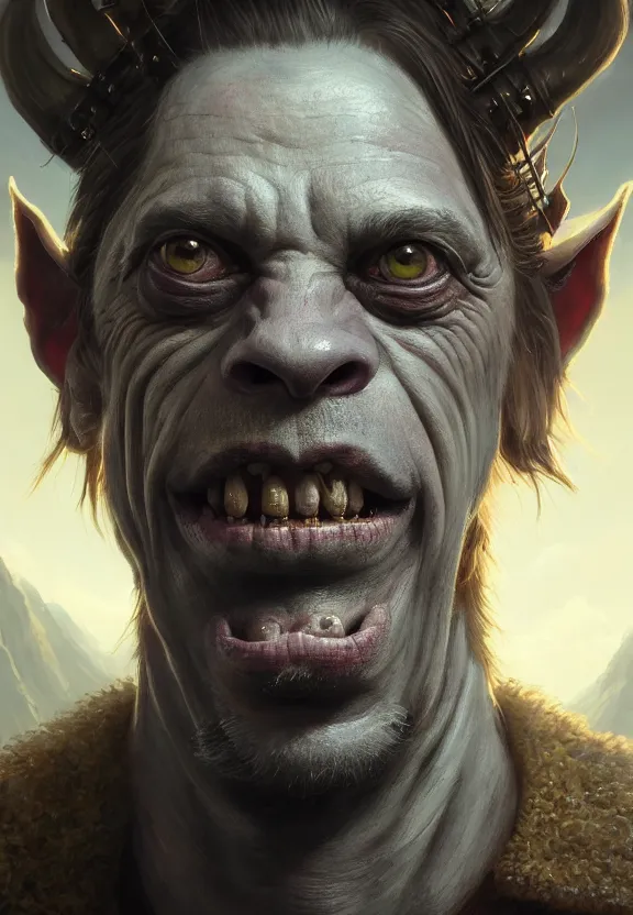 Image similar to highly detailed close up portrait of steve buscemi as a fantasy orc, in skyrim, stephen bliss, unreal engine, fantasy art by greg rutkowski, loish, rhads, ferdinand knab, makoto shinkai and lois van baarle, ilya kuvshinov, rossdraws, tom bagshaw, global illumination, radiant light, detailed and intricate environment