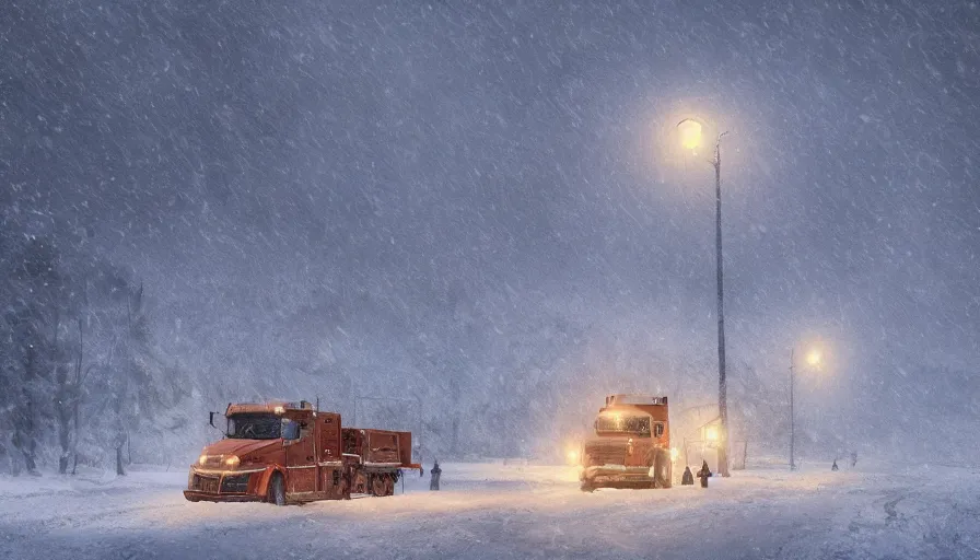 Prompt: A cozy Snowplow! stuck in the heavy snow of a beautiful snowy landscape. A blizzard and heavy snow falls. Fog and mist, highly detailed, concept art, digital art, 4k, high snow