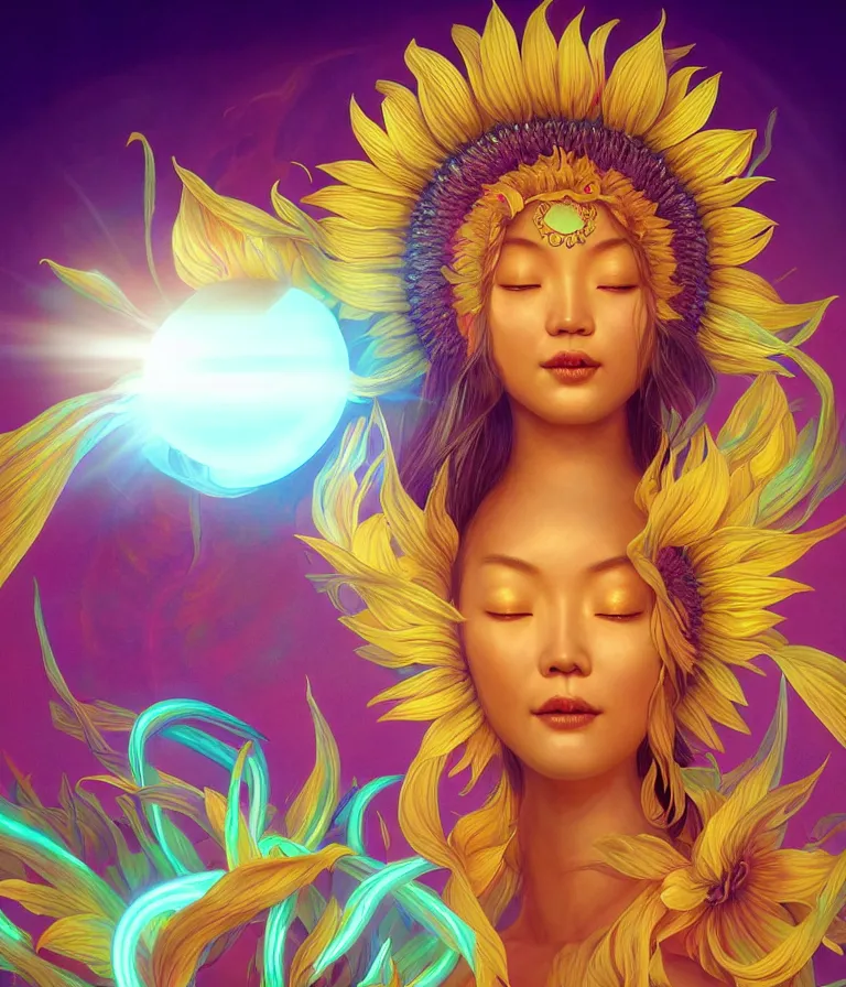 Prompt: iridescent portrait of the sunflower goddess, a Chinese deity that is guided by the sun and brings happiness and light onto the world. hard surface modelling. bio luminescent, halo around the head. neon lighting. artwork by jarold Sng by artgerm, by Eddie Mendoza, by Peter Mohrbacher by Tooth Wu, unreal engine, octane render, cinematic light, high details, iridescent colours, dichroic, macro, 4l