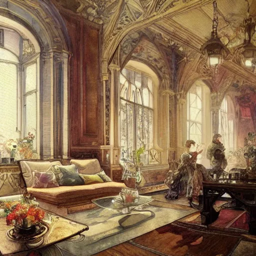 Image similar to a beautifull intricate watercolour painting of a living room, reflexions, verry high details by william turner art, greg rutkowski and alphonse mucha, trending on artstation, very very detailed, masterpiece, muted colors