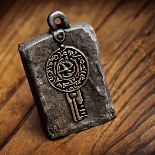 Image similar to a large ornate key with gems and engraved runes, on a rough wooden dungeon table, torchlit, d & d, photo