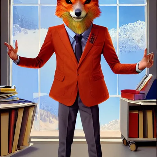 Image similar to a cute male anthropomorphic vulpes vulpes fulva wearing suit in the teachers office at school, pixar style, by tristan eaton stanley artgerm and tom bagshaw.