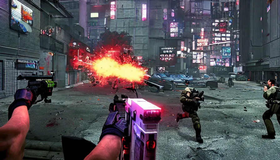 Prompt: 1993 Video Game Screenshot, Anime Neo-tokyo Cyborg bank robbers vs police, Set inside of the Bank, Open Bank Vault, Multiplayer set-piece Ambush, Tactical Squads :10, Police officers under heavy fire, Police Calling for back up, Bullet Holes and Realistic Blood Splatter, :10 Gas Grenades, Riot Shields, Large Caliber Sniper Fire, Chaos, Akira Anime Cyberpunk, Anime Machine Gun Fire, Sakuga Gunplay, Shootout, :14 Vibrant 80s Anime Style :19 , Inspired by Intruder :4 Created by Katsuhiro Otomo: 20,