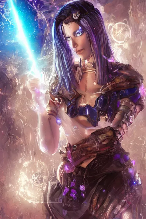 Image similar to Path of Exile, Maven, clear face, big blue eyes, straight nose, female image in shadow, with silver purple hair among colourful lights, dark blue spheres fly around, Anachronism, painting, dark fantasy, steampunk, 4k