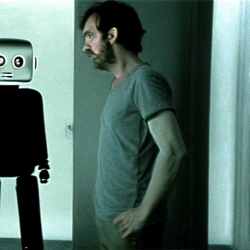 Image similar to a man and a robot in a moment of jealousy, movie still, Movie by Andrzej Zulawski and David Lynch