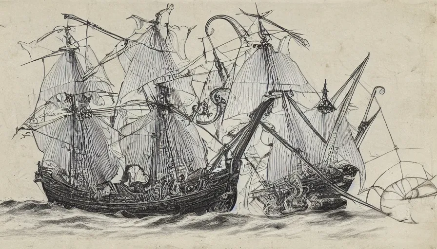 Image similar to encyclopedia drawing of a octopus attacking ship, manuscript, detailed