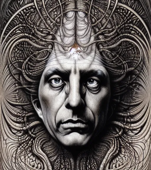 Image similar to detailed realistic rick sanchez face portrait by jean delville, gustave dore, iris van herpen and marco mazzoni, art forms of nature by ernst haeckel, art nouveau, symbolist, visionary, gothic, neo - gothic, pre - raphaelite, fractal lace, intricate alien botanicals, ai biodiversity, surreality, hyperdetailed ultrasharp octane render