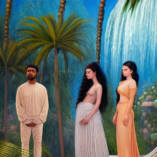 Image similar to a ultradetailed beautiful painting of lorde, frank ocean, the weeknd and lana del rey standing in front of the diamonds waterfall in the amazonas palace balustrade designed by jules bastien - lepage, tarsila do amaral, frank weston and gustave baumann, beach, trending on artstation, mediterranean, palm trees, sharp focus, soft light, 8 k 4 k