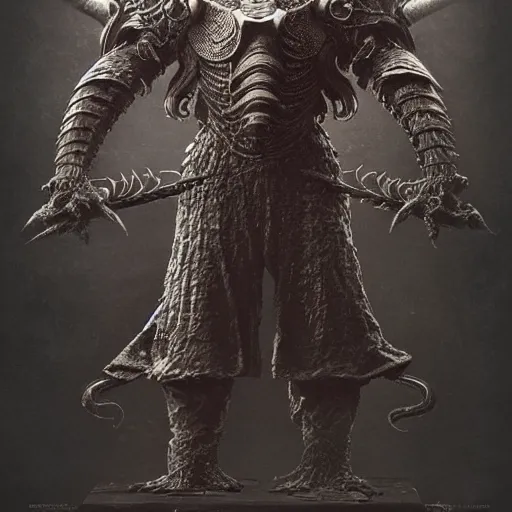 Prompt: “ a full - body portrait of victorian evil knight by emil melmoth, zdzislaw beksinski, craig mullins, yoji shinkawa, cross, artstation, pete morbacher, hyper detailed, cthulhu samurai armor, golden decoratived jaw armor, very detailed, artstation, rendering by octane, unreal engine, spaceship interior background. ”