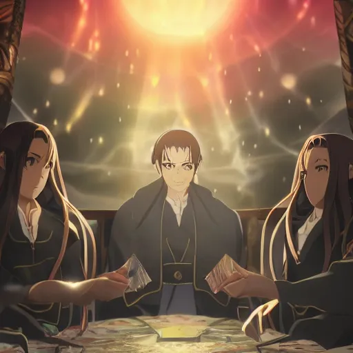 Image similar to anime key visual of the council of elrond, the lord of the rings, cinematic lighting, nature, fantasy, jm animation