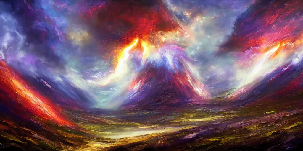 Image similar to magical explosion in a valley, fantasy, oil painting, concept art, 8 k