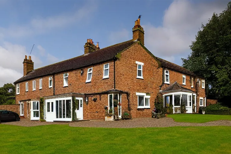 Prompt: an estate agent listing photo, external view of a 5 bedroom detached countryside house in the UK, by Paul Lehr