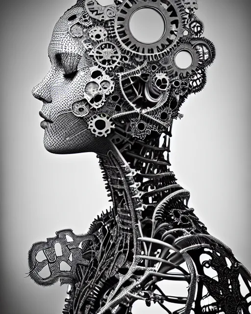 Image similar to surreal black and white photo portrait of complex biomechanical young female cyborg with a mandelbrot fractal metal fine lace face, silver hair, 150 mm lens, soft rim light, fine metal floral foliage super big lace collar, Alexander McQueen, high fashion, haute couture, rococo, steampunk, silver filigree details, anatomical, facial muscles, cable wires, microchip, elegant, hyper realistic, octane render, unreal engine, by Man Ray and Dora Maar, volumetric lighting, 8k,