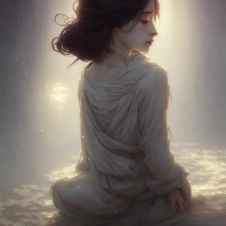 Image similar to gentle ghost, slender girl, silver skin, illustration, cinematic lighting, 8 k, d & d, frostbite 3 engine, of, artstation, intricate, digital art, twilight ray, art by tsuyoshi nagano, greg rutkowski, artgerm, alphonse mucha, radiant light, detailed and complex environment, digital art, art station trends